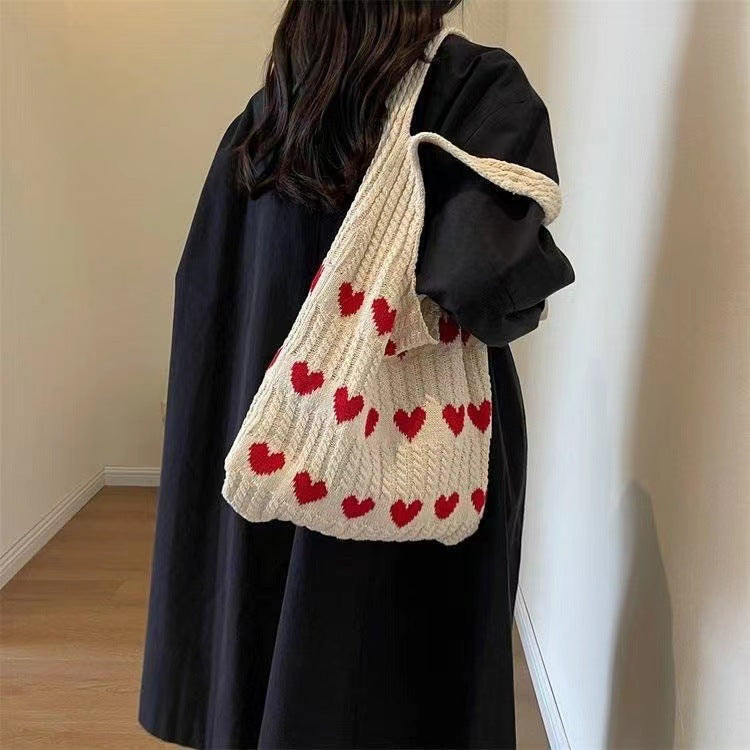 Fashion Large Capacity Heart-Shaped Knitted Shoulder Tote Bag red color
