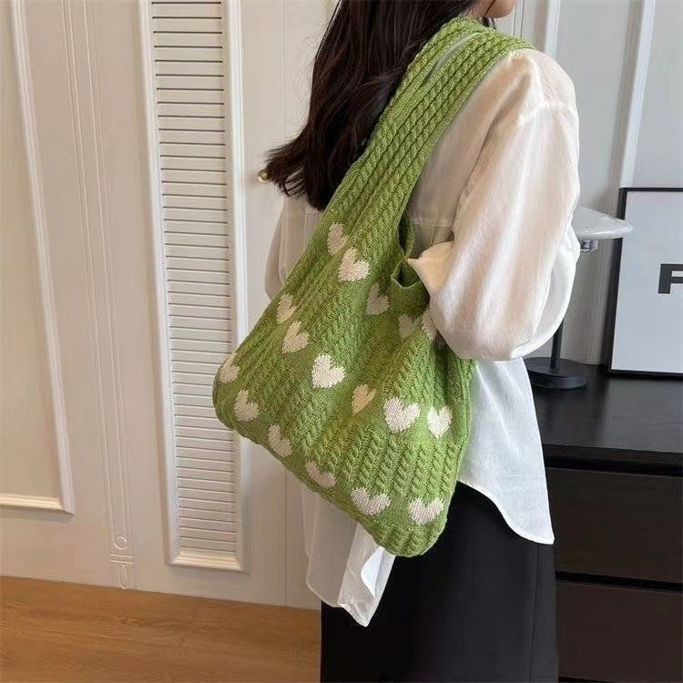 Fashion Large Capacity Heart-Shaped Knitted Shoulder Tote Bag green color