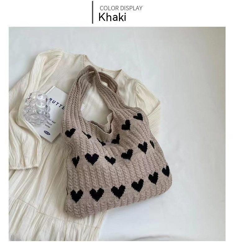 Fashion Large Capacity Heart-Shaped Knitted Shoulder Tote Bag