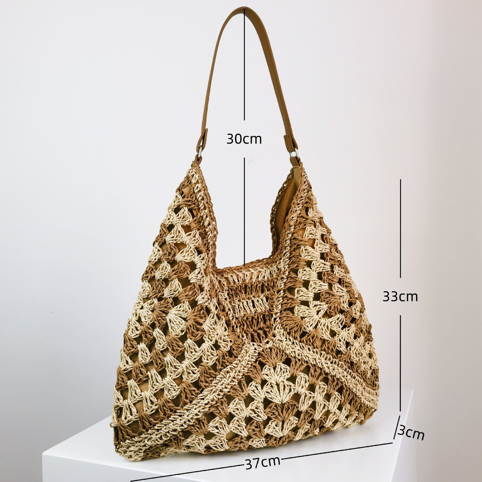 Women's Fashion Handmade Straw Woven Hollow Contrast Color Weave Shoulder Bag