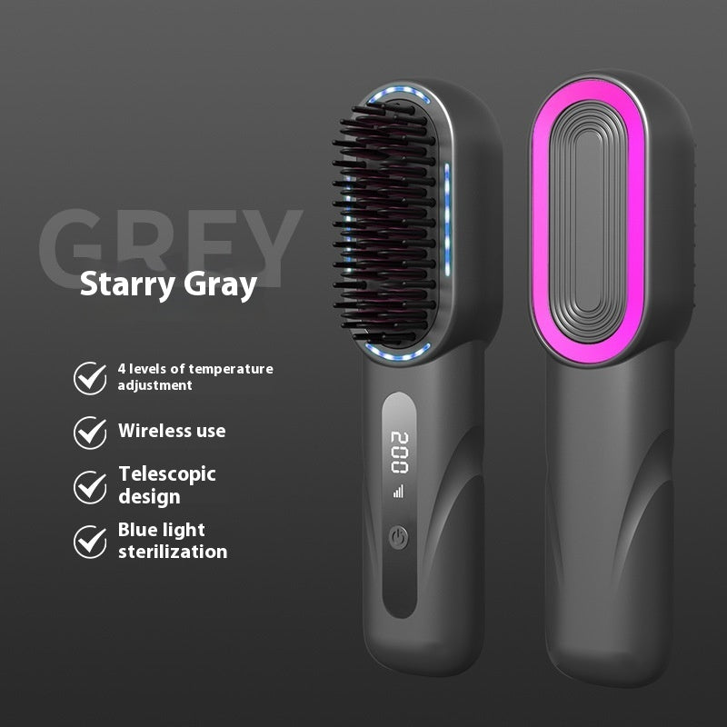 Close-up view of a wireless hair straightening comb in starry sky gray, highlighting the double anti-scalding teeth and round comb teeth, ensuring no stuck or pulled hair.