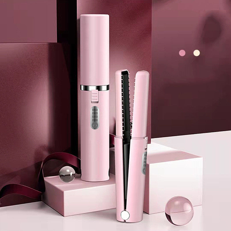 Close-up view of the wireless mini hair straightener and curler, showing key features such as the main button/temperature control, safety lock, 3D comb teeth, ceramic coating plate, 4800mAh battery, and USB charging design