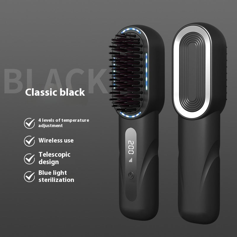 Wireless hair straightening comb in starry sky gray, front and back view, showcasing the constant temperature hair care feature and four levels of temperature adjustment.