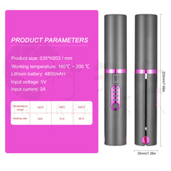 Product dimensions and specifications of the wireless mini hair straightener and curler. Highlights include working temperature range of 160°C to 200°C, 4800mAh lithium battery, and compact size of 35mm x 203mm.