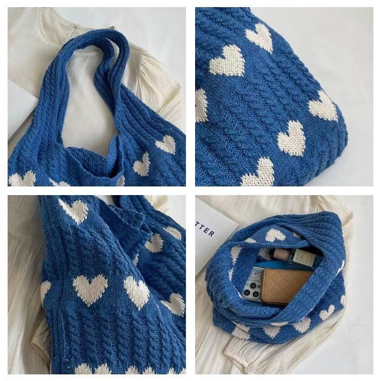 Fashion Large Capacity Heart-Shaped Knitted Shoulder Tote Bag