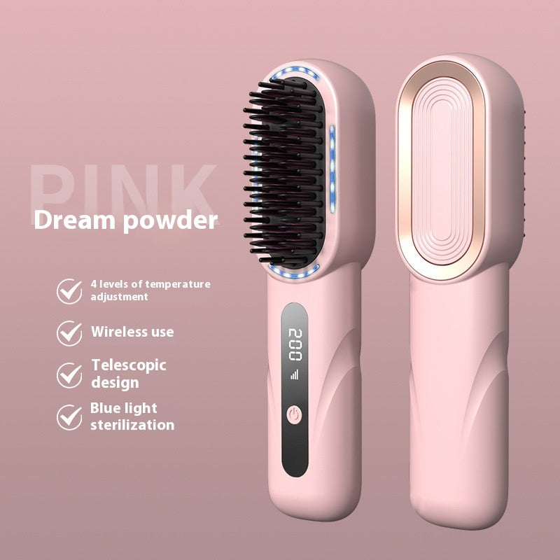 Wireless hair straightening comb displaying the 4th gear thermostat with temperature settings of 140°C, 160°C, 180°C, and 200°C, suitable for different hair types.